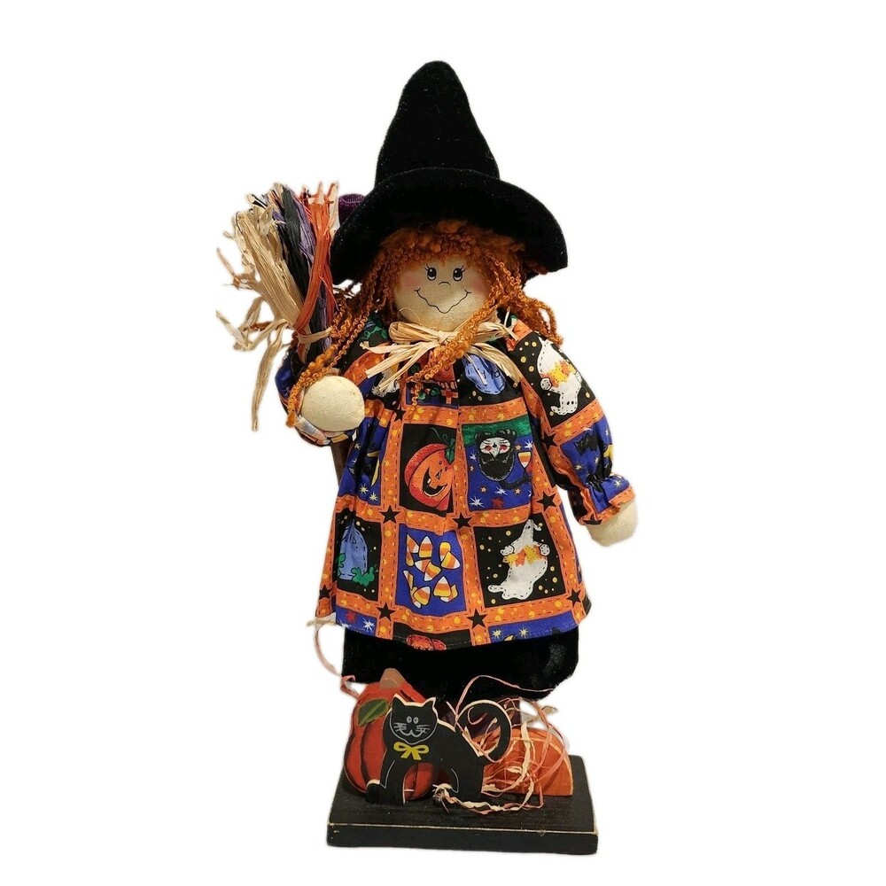Prima Creations 14" Witch W/Broom, Cat & Pumpkins On Stand Halloween Fall